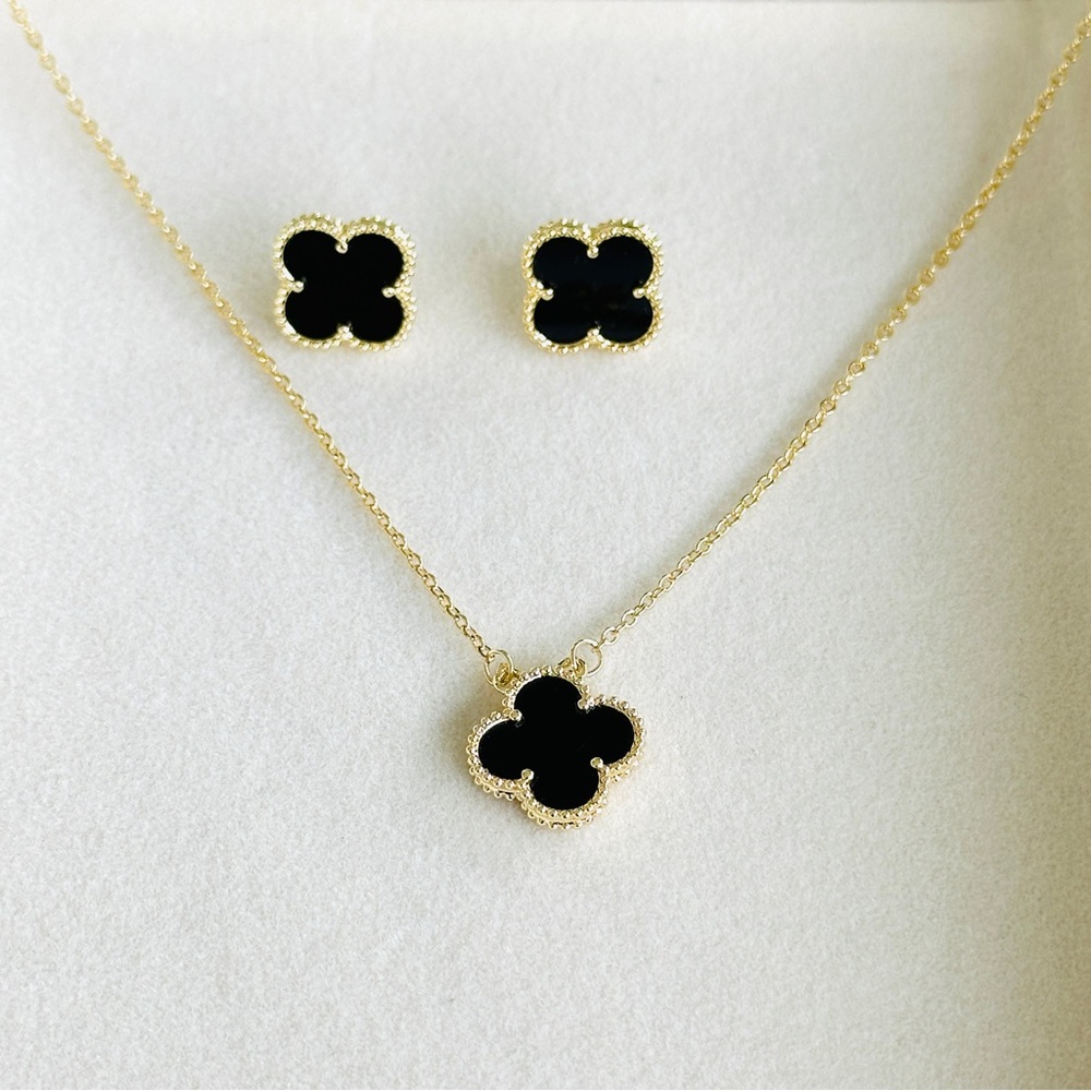 Elegant Black and Gold Clover Jewelry Set 14k gold filled